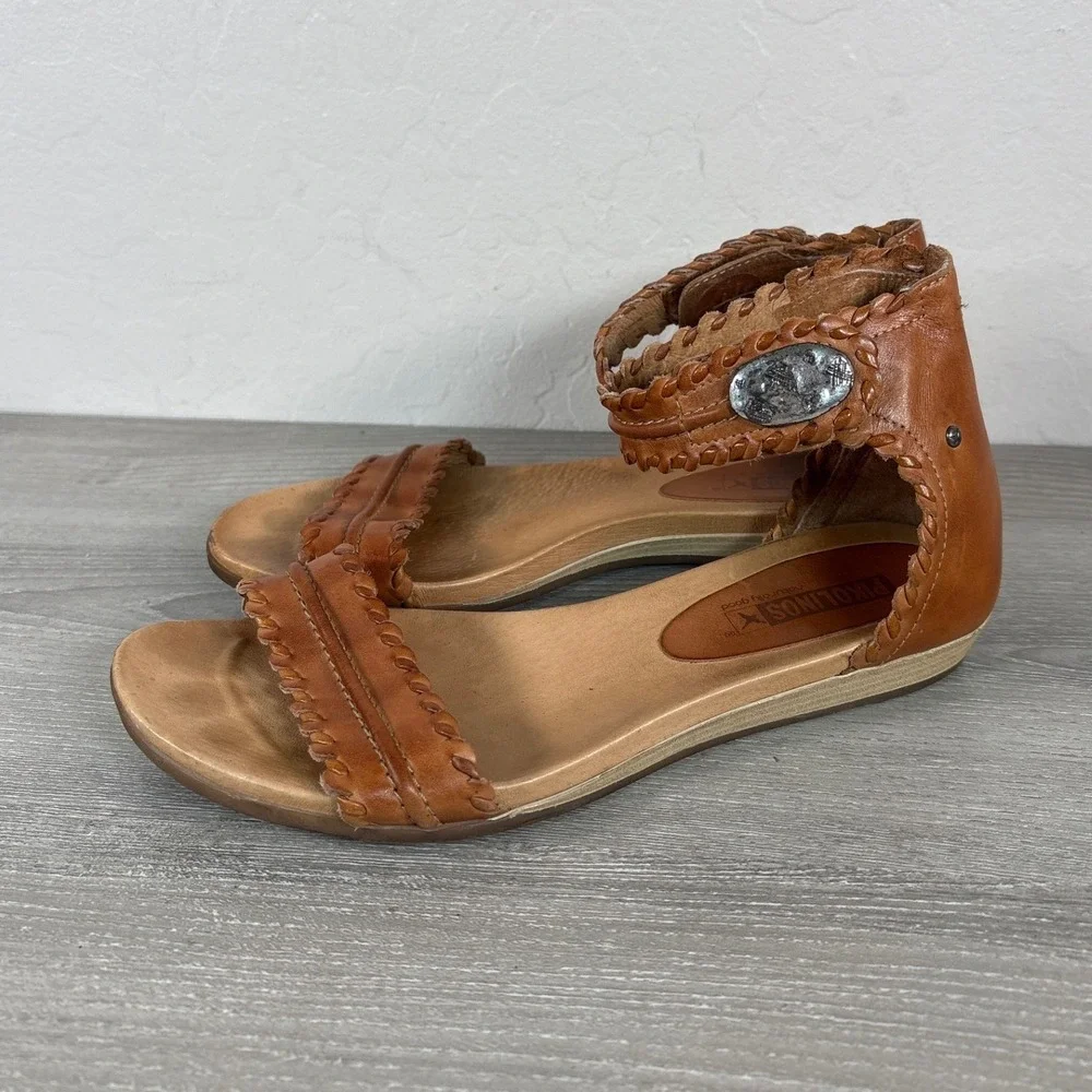 Pikolinos Womens Alcudia Tan Brown Leather Ankle Strap Sandals Size 38 Boho